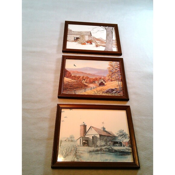 Vintage Framed Art Farm Landscape Lot Of 3 Barn Prints - Picture 6 of 9